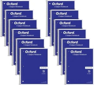 Oxford Spiral Notebook 12 Pack, Bulk College Ruled Spiral Notebooks for School, 1 Subject Journals, College Ruled Paper, 8 x 10-1/2 Inches, 3-Hole Punch, Blue Covers, 70 Perforated Lined Sheets (65217)