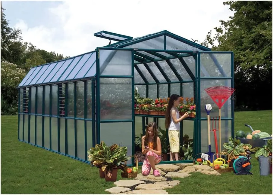 Palram - Canopia Rion Grand Gardener 2 | 8 Ft. x 20 Ft. Greenhouse, Large Clear Twin Wall Polycarbonate Heavy Duty Green House DIY Kit for Walk-in for Outdoors with Window Vent (Green w/Clear Walls)