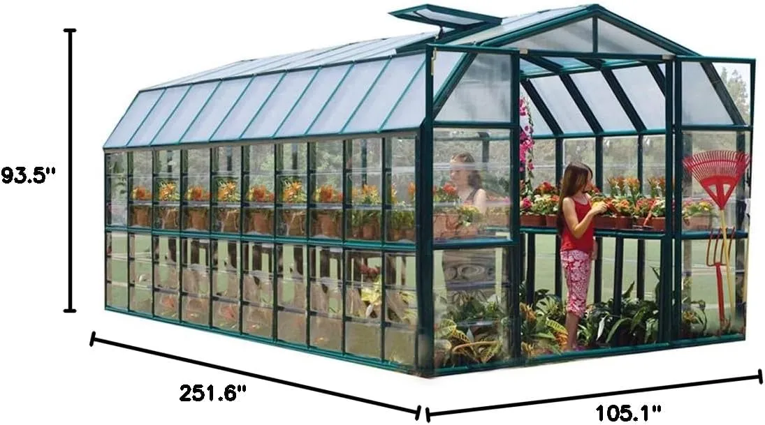 Palram - Canopia Rion Grand Gardener 2 | 8 Ft. x 20 Ft. Greenhouse, Large Clear Twin Wall Polycarbonate Heavy Duty Green House DIY Kit for Walk-in for Outdoors with Window Vent (Green w/Clear Walls)