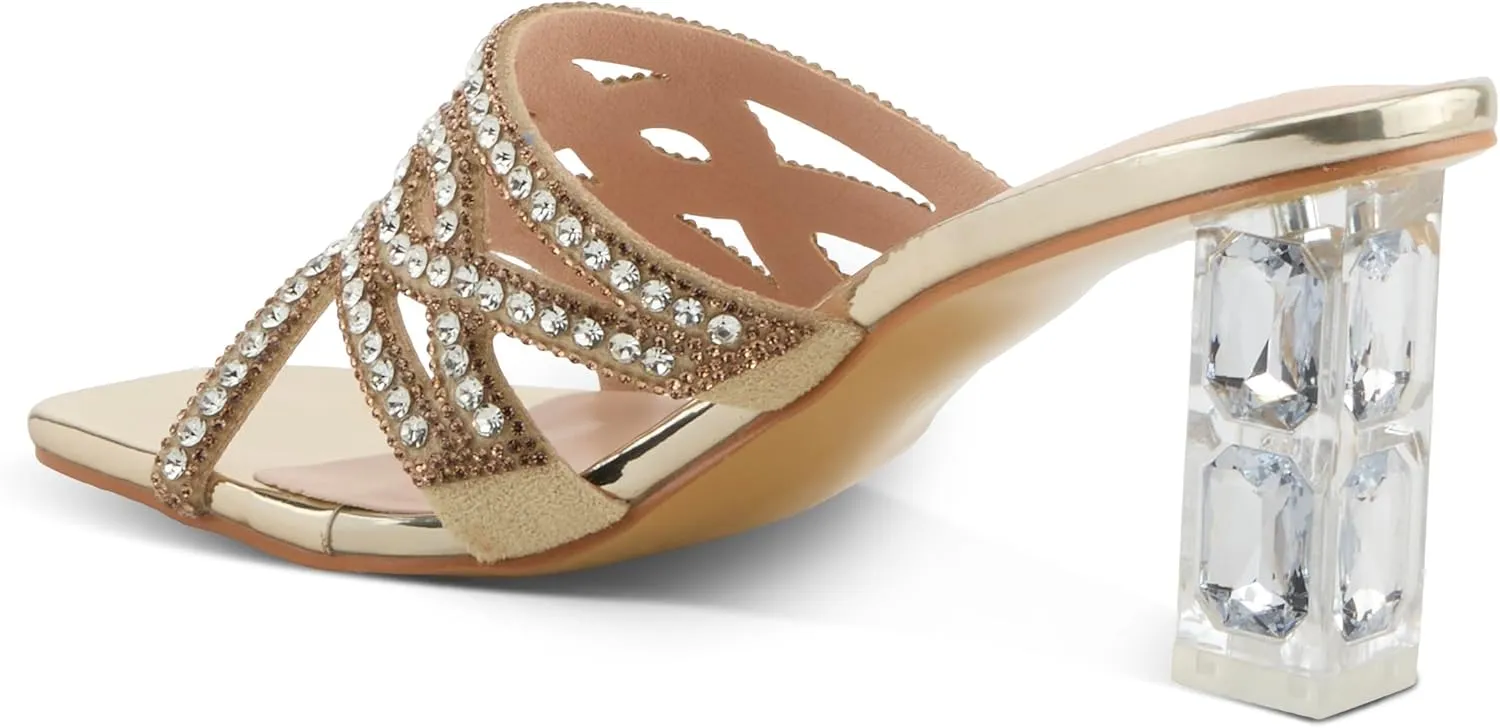 PATRIZIA Women's KNOWLES Slide Dress Sandals - Crystal Detailing, Clear Diamond-Cut Heel, Elegant Design