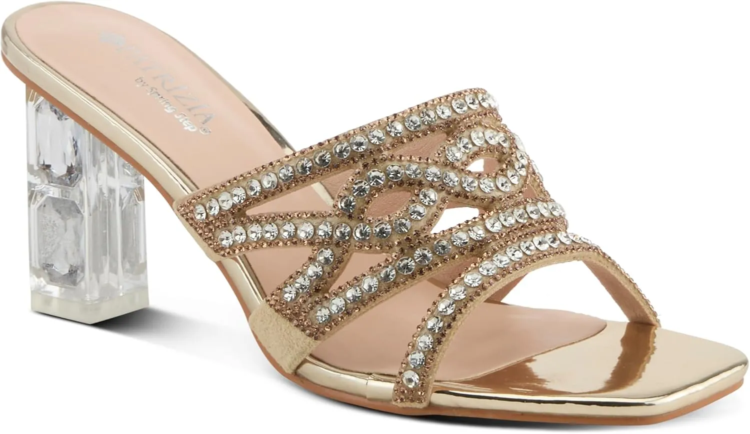 PATRIZIA Women's KNOWLES Slide Dress Sandals - Crystal Detailing, Clear Diamond-Cut Heel, Elegant Design