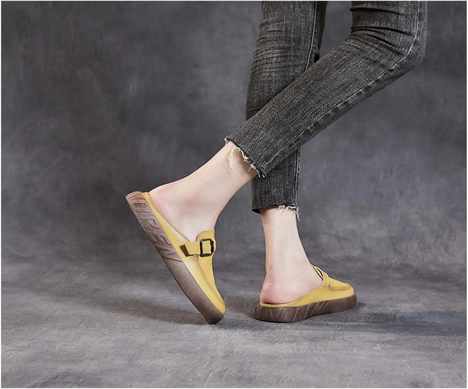 pearlzone Mules for Women Flats Backless Loafers Shoes Slip on Slippers ，Metal Decoration Leather Mules Casual Shoes