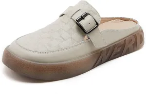 pearlzone Mules for Women Flats Backless Loafers Shoes Slip on Slippers ，Metal Decoration Leather Mules Casual Shoes