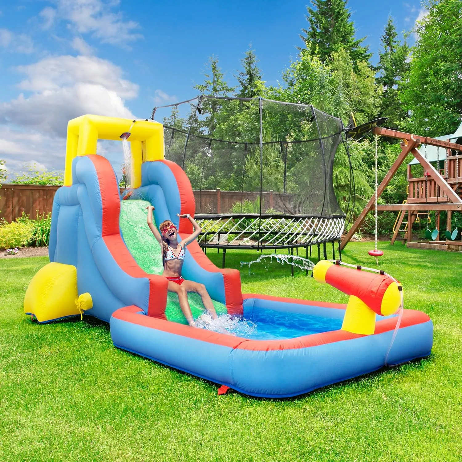 PicassoTiles KC108 Water Slide Park Inflatable Bouncing House w/Pool Area (Splash Zone), Climbing Wall, Shower Head Sprays Mounts, Water Cannon Mount and Heavy Duty GFCI ETL Certified 385W Blower
