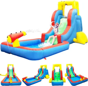 PicassoTiles KC108 Water Slide Park Inflatable Bouncing House w/Pool Area (Splash Zone), Climbing Wall, Shower Head Sprays Mounts, Water Cannon Mount and Heavy Duty GFCI ETL Certified 385W Blower