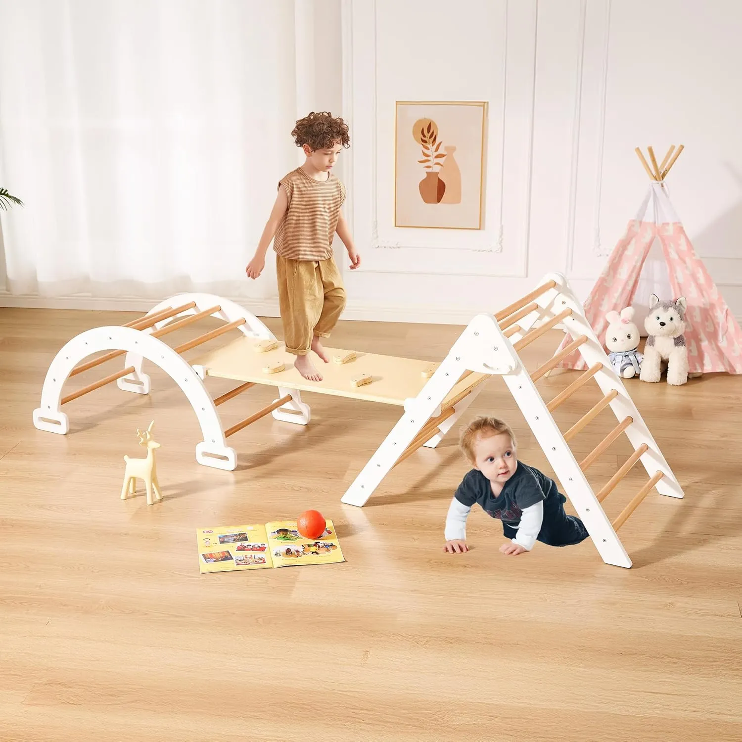 Pikler Triangle Set, Foldable Toddler Climbing Toys, Wooden Montessori Climbing Set for Kids Ages 2-8, Indoor Playground Jungle Gym for Toddlers, Baby Climbing Toys with Arch, Ramp and Ladder