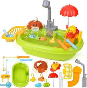 Play Sink with Running Water, Kitchen Play Sink Toy with Upgraded Electric Faucet and Manually Bubble Machine, Floating Pool Fishing Toys, Kids Pretend Play-Dishwasher Play Set for Boys Girls Toddlers