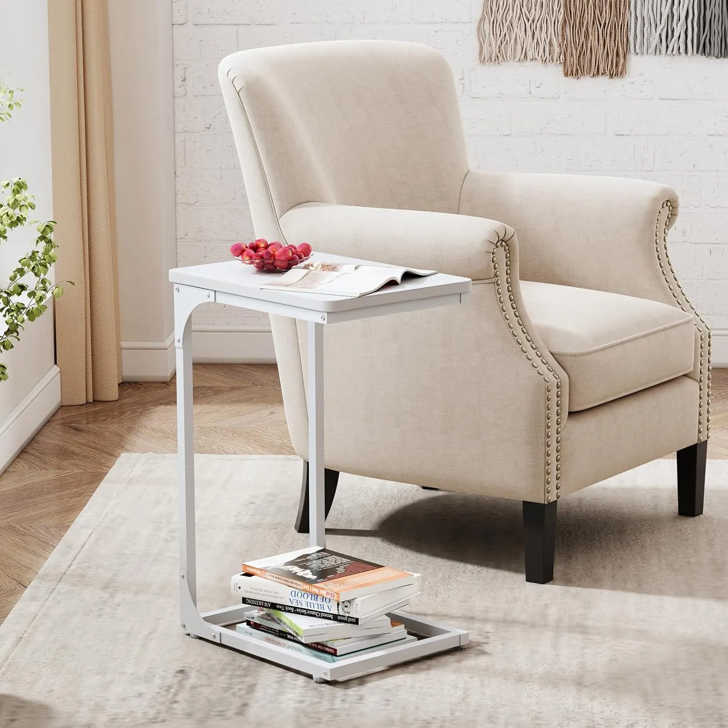 QEEIG C Table Side Table Set of 2 Living Room Sets C Shaped Couch Tray End Tables Modern, White (017-30WW)