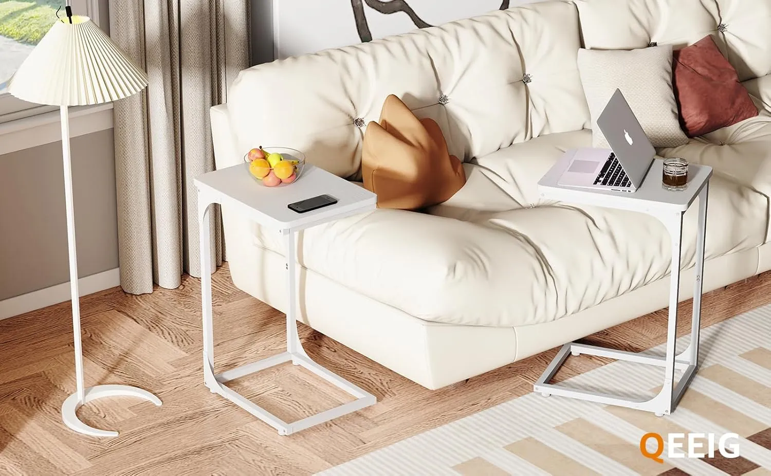 QEEIG C Table Side Table Set of 2 Living Room Sets C Shaped Couch Tray End Tables Modern, White (017-30WW)
