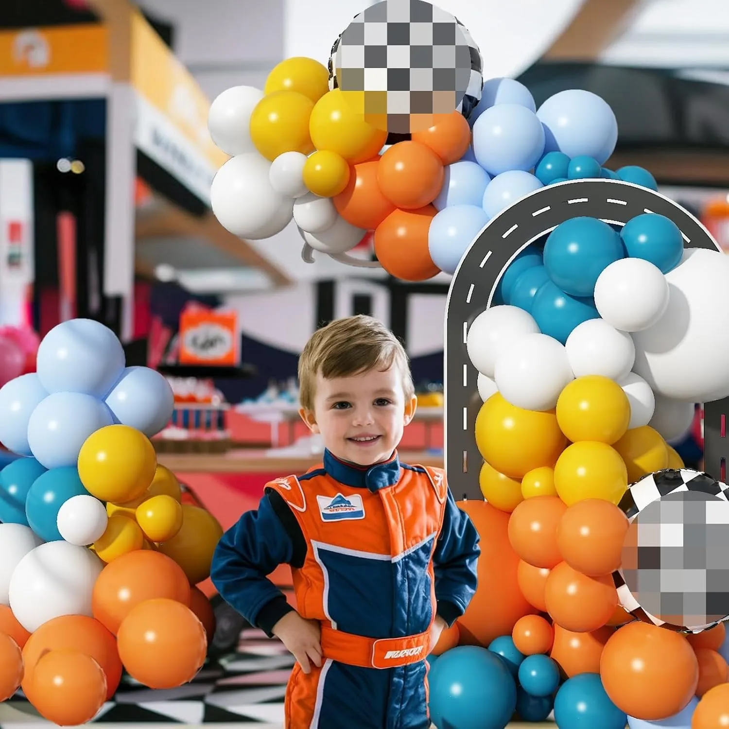 Race Cars Balloons Garland, 110 Pcs Yellow Blue and Orange Balloons Arch Kit with 18 Inch Checkered Balloons, Orange White Balloons for Race Car Birthday Party Decorations Two Fast Birthday Decor Boys