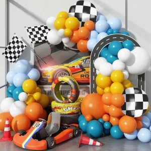 Race Cars Balloons Garland, 110 Pcs Yellow Blue and Orange Balloons Arch Kit with 18 Inch Checkered Balloons, Orange White Balloons for Race Car Birthday Party Decorations Two Fast Birthday Decor Boys