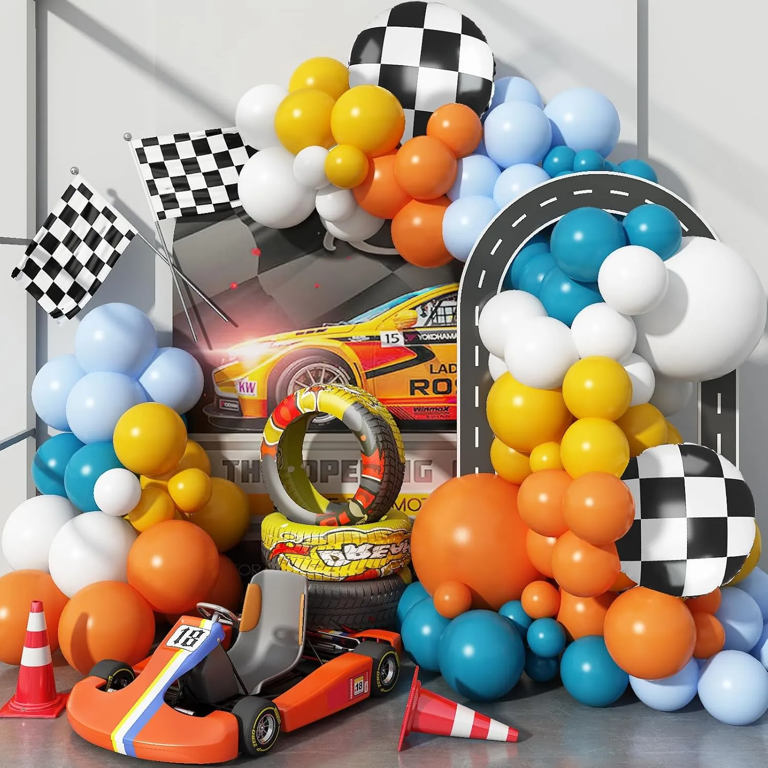 Race Cars Balloons Garland, 110 Pcs Yellow Blue and Orange Balloons Arch Kit with 18 Inch Checkered Balloons, Orange White Balloons for Race Car Birthday Party Decorations Two Fast Birthday Decor Boys