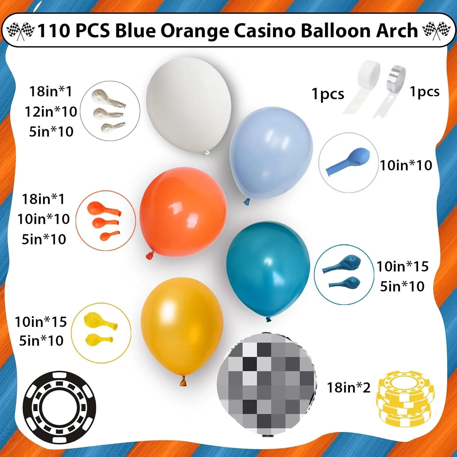 Race Cars Balloons Garland, 110 Pcs Yellow Blue and Orange Balloons Arch Kit with 18 Inch Checkered Balloons, Orange White Balloons for Race Car Birthday Party Decorations Two Fast Birthday Decor Boys
