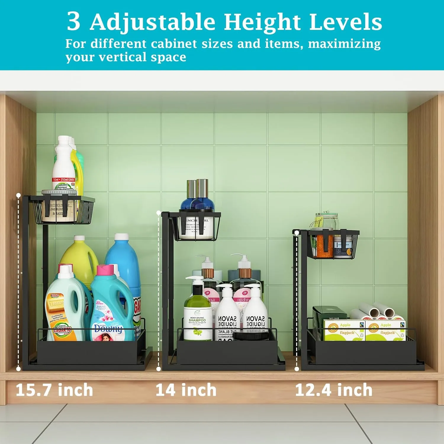 REALINN Under Sink Organizer, 2 Pack Height Adjustable Kitchen Organizers and Storage, 2 Tier Pull Out Sliding Cabinet Storage, Multi-Use for Kitchen Bathroom Cabinet