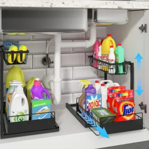 REALINN Under Sink Organizer, 2 Pack Height Adjustable Kitchen Organizers and Storage, 2 Tier Pull Out Sliding Cabinet Storage, Multi-Use for Kitchen Bathroom Cabinet