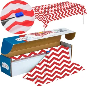 Red White Chevron Plastic Tablecloth Roll - Durable Plastic Table Cover Roll Indoor in Outdoor 52 Inch X 100 Feet Water Resistant Tablecover Disposable Table Cloth with Easy to Use Safe Cutter