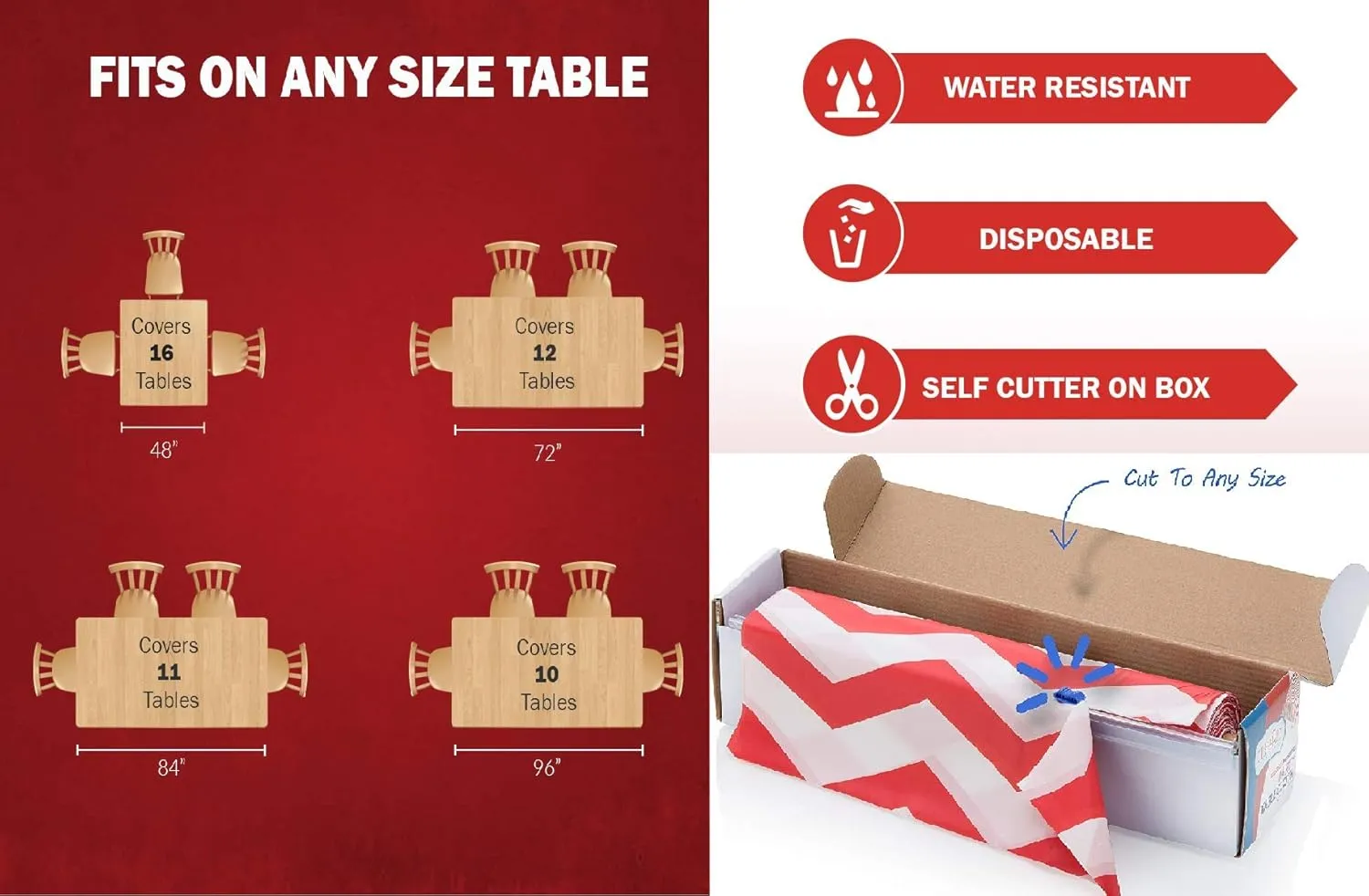 Red White Chevron Plastic Tablecloth Roll - Durable Plastic Table Cover Roll Indoor in Outdoor 52 Inch X 100 Feet Water Resistant Tablecover Disposable Table Cloth with Easy to Use Safe Cutter