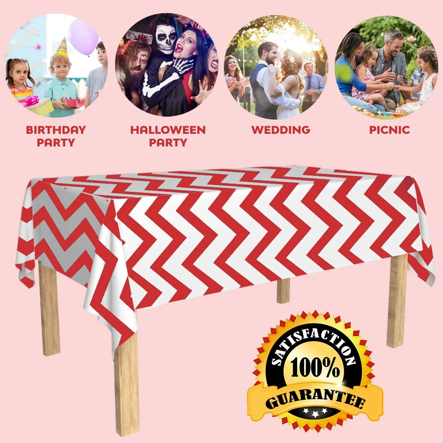 Red White Chevron Plastic Tablecloth Roll - Durable Plastic Table Cover Roll Indoor in Outdoor 52 Inch X 100 Feet Water Resistant Tablecover Disposable Table Cloth with Easy to Use Safe Cutter
