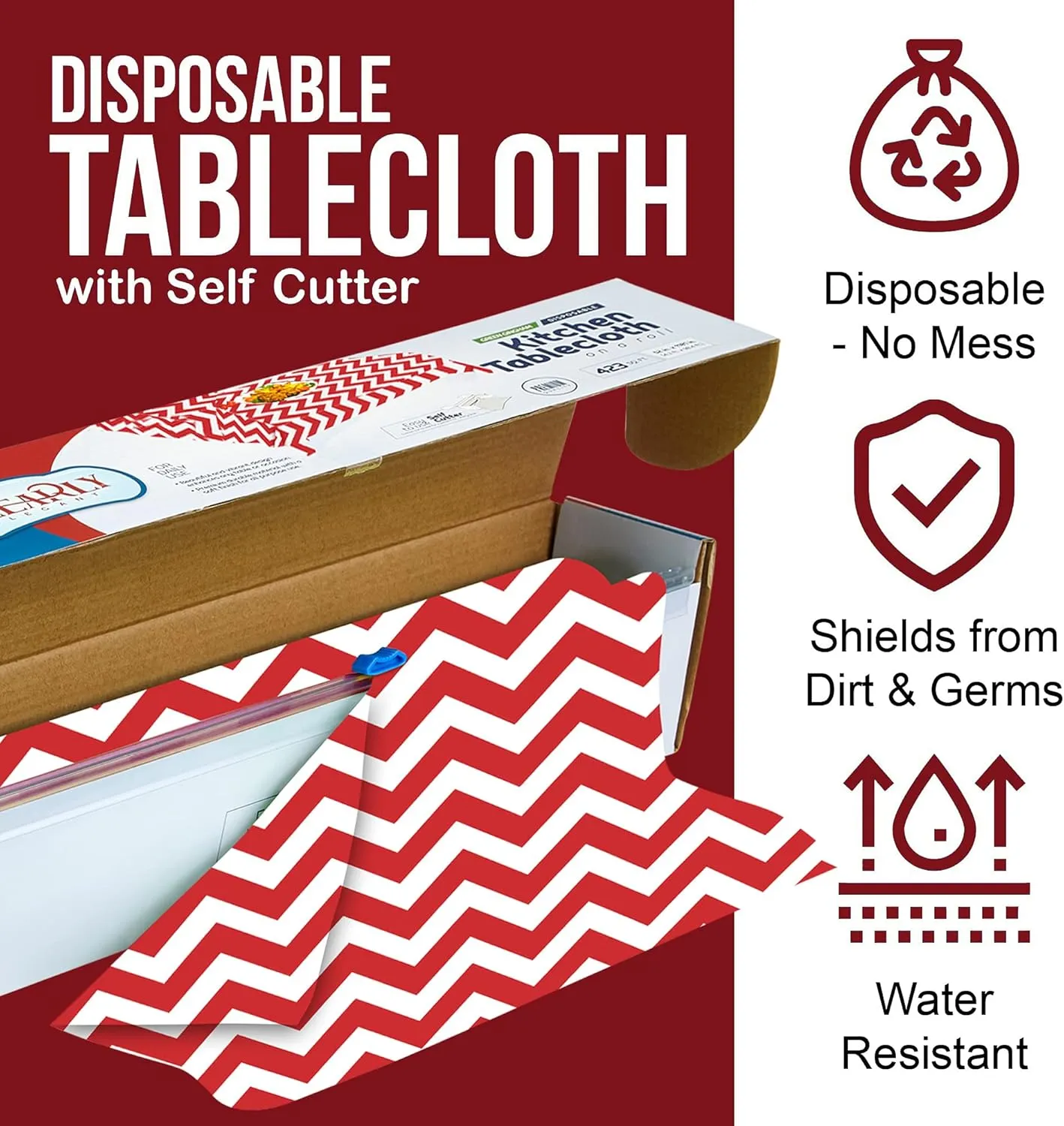 Red White Chevron Plastic Tablecloth Roll - Durable Plastic Table Cover Roll Indoor in Outdoor 52 Inch X 100 Feet Water Resistant Tablecover Disposable Table Cloth with Easy to Use Safe Cutter