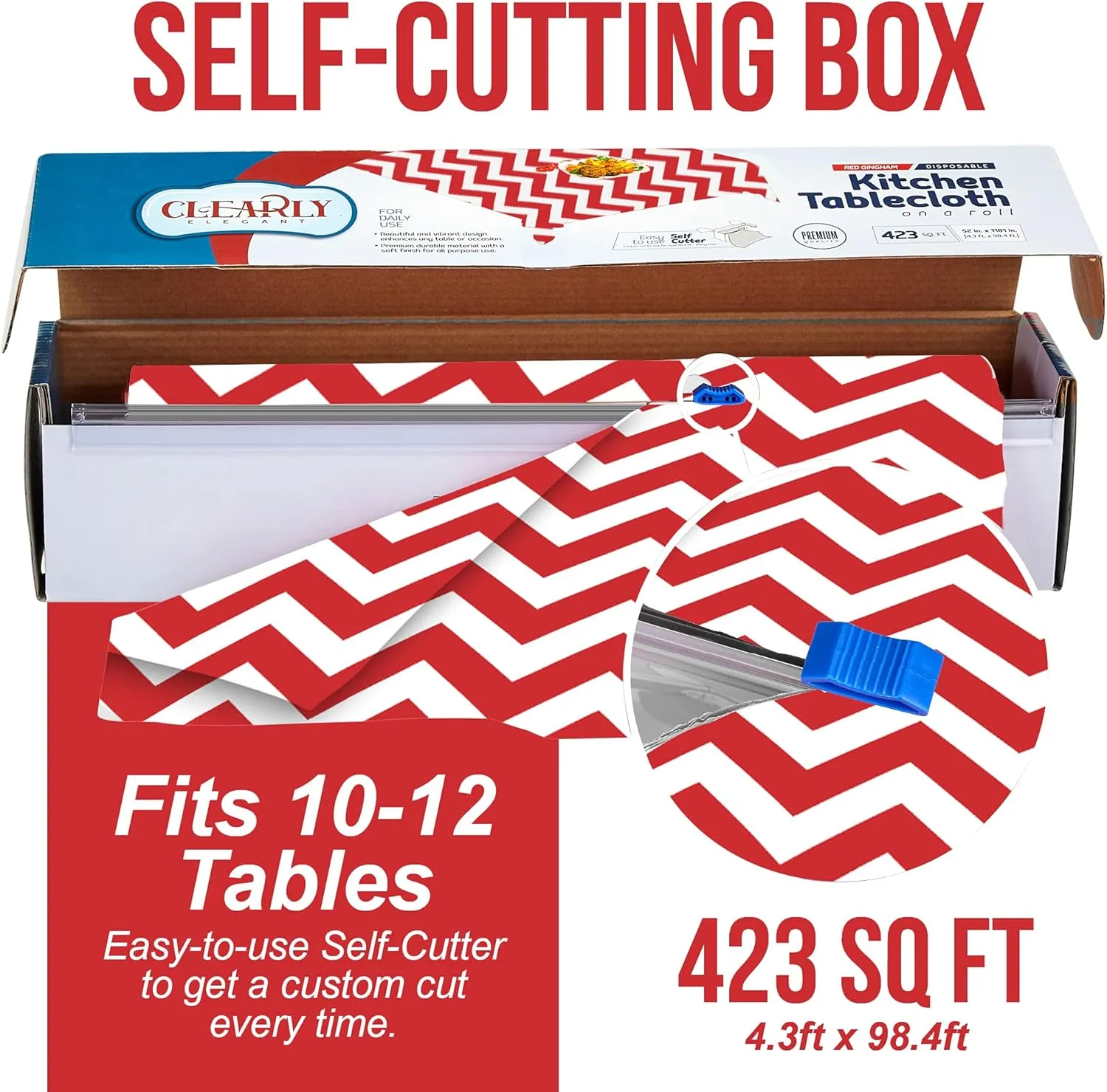 Red White Chevron Plastic Tablecloth Roll - Durable Plastic Table Cover Roll Indoor in Outdoor 52 Inch X 100 Feet Water Resistant Tablecover Disposable Table Cloth with Easy to Use Safe Cutter