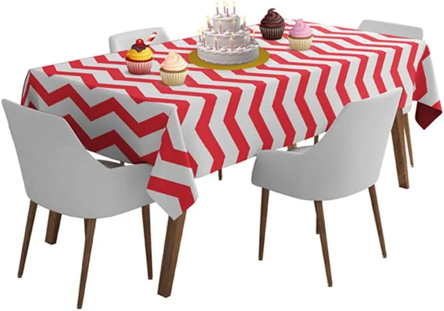 Red White Chevron Plastic Tablecloth Roll - Durable Plastic Table Cover Roll Indoor in Outdoor 52 Inch X 100 Feet Water Resistant Tablecover Disposable Table Cloth with Easy to Use Safe Cutter