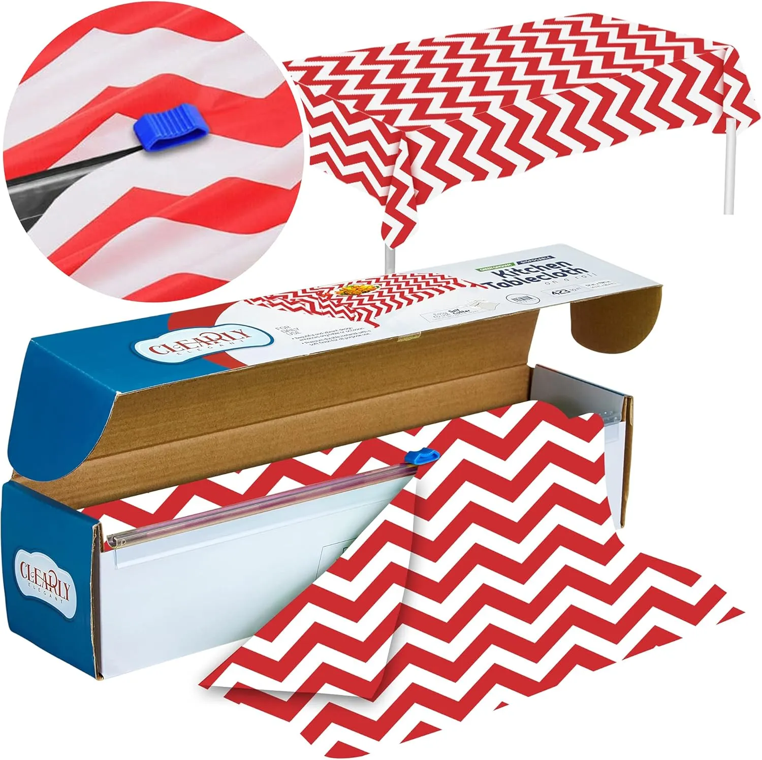 Red White Chevron Plastic Tablecloth Roll - Durable Plastic Table Cover Roll Indoor in Outdoor 52 Inch X 100 Feet Water Resistant Tablecover Disposable Table Cloth with Easy to Use Safe Cutter