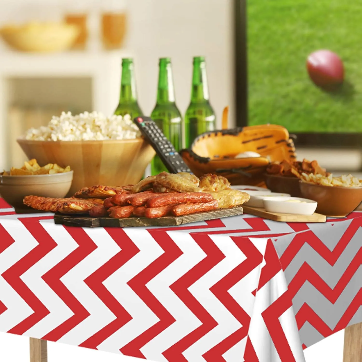 Red White Chevron Plastic Tablecloth Roll - Durable Plastic Table Cover Roll Indoor in Outdoor 52 Inch X 100 Feet Water Resistant Tablecover Disposable Table Cloth with Easy to Use Safe Cutter