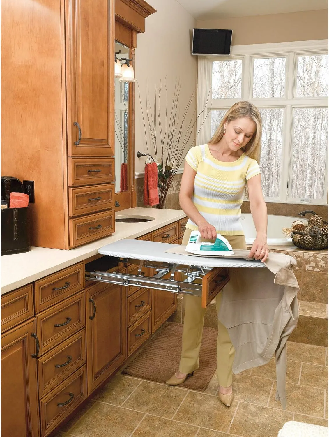 Rev-A-Shelf Pull Out Adjustable Folding Retractable Ironing Board w/Ball-Bearing Slide for Bathroom/Closet Vanity Cabinet Drawer, Gray, VIB-20CR