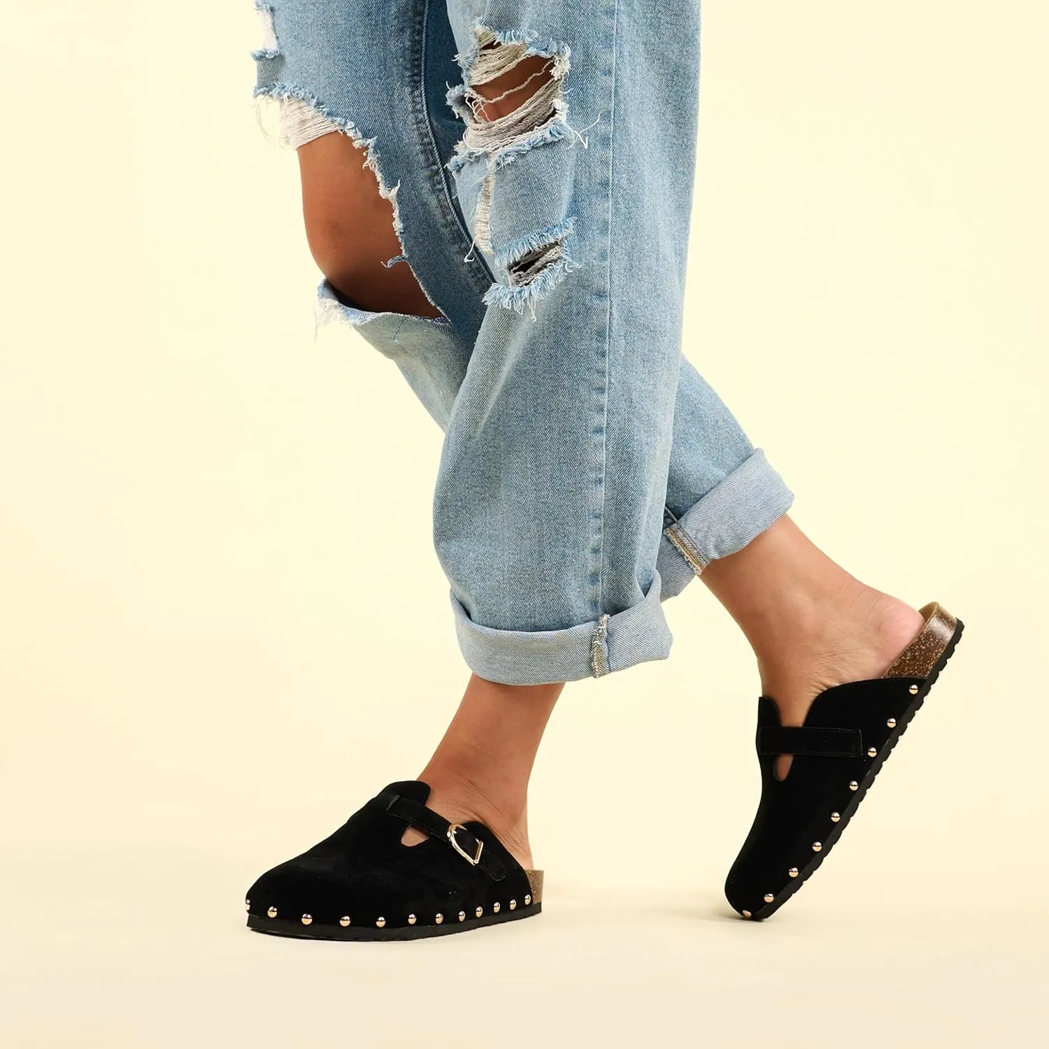 RF ROOM OF FASHION Women's Studded Footbed Cork Clog Antislip Slippers Buckle Mules House Sandals Potato Shoes