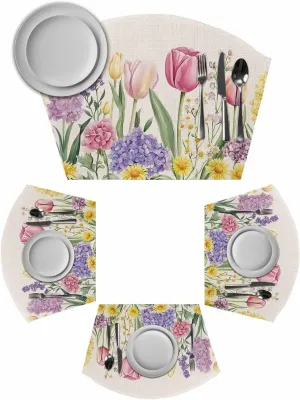Round Table Placemats Set of 6,Summer Tulips Easter Flower Plant Wedge Table Mat Washable Placemat,Botanical Vintage Linen Fan Shape Place Mats for Kitchen Indoor Outdoor