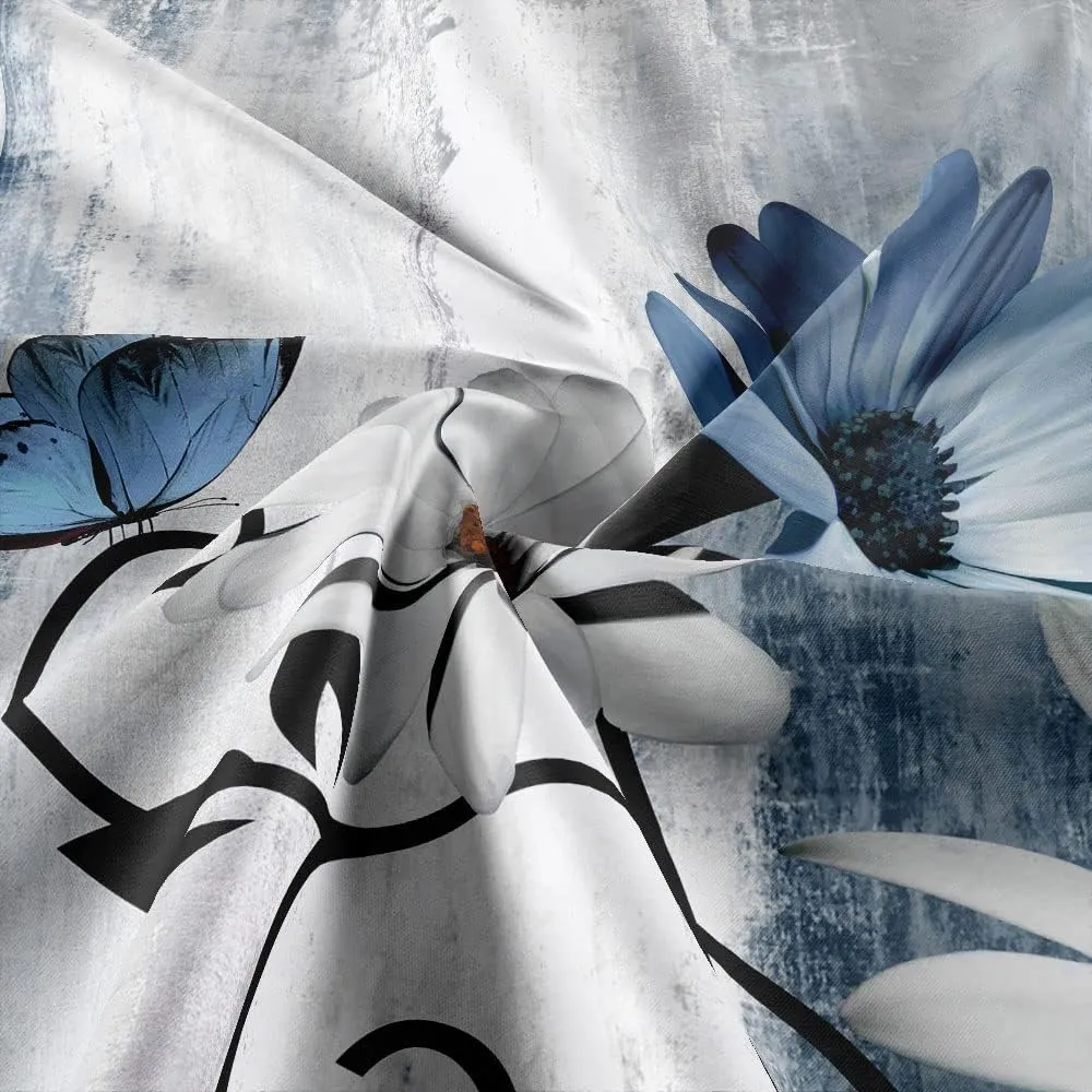 Rustic Farmhouse Shower Curtain, Farm Blue Daisy Floral Flowers and Butterfly on Country Wooden Shower Curtain for Bathroom with 12PCS Hooks, 70X70IN, Turquoise Blue
