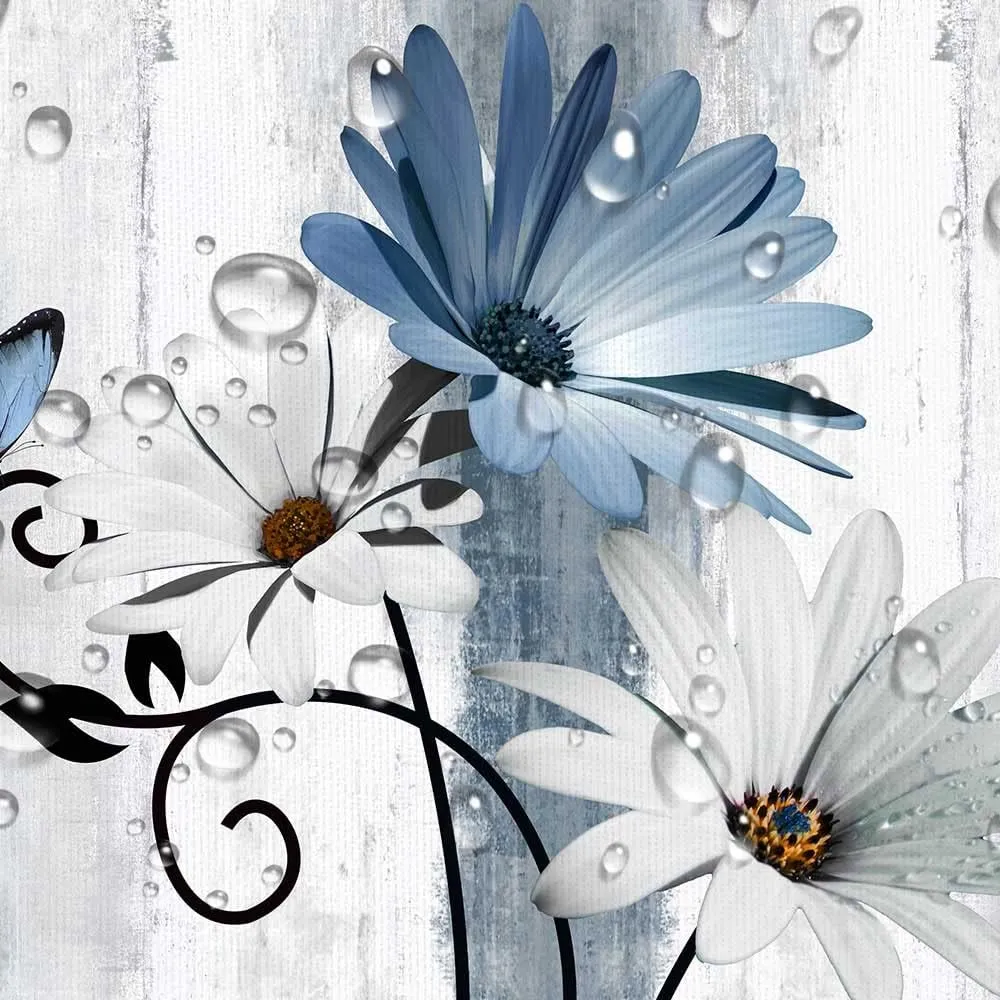 Rustic Farmhouse Shower Curtain, Farm Blue Daisy Floral Flowers and Butterfly on Country Wooden Shower Curtain for Bathroom with 12PCS Hooks, 70X70IN, Turquoise Blue