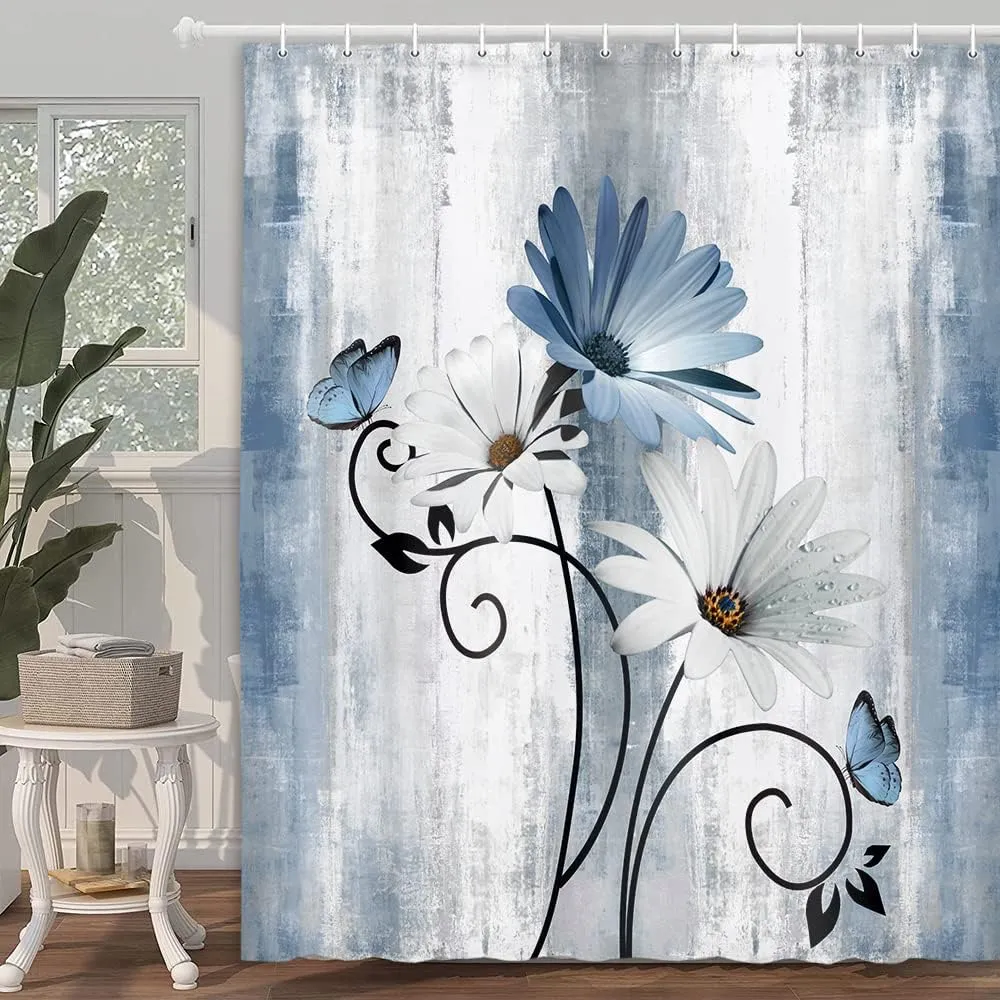 Rustic Farmhouse Shower Curtain, Farm Blue Daisy Floral Flowers and Butterfly on Country Wooden Shower Curtain for Bathroom with 12PCS Hooks, 70X70IN, Turquoise Blue