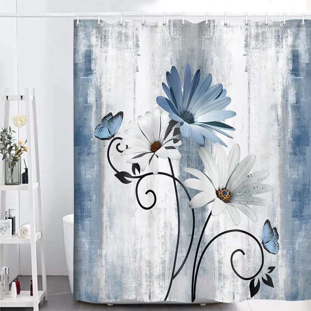 Rustic Farmhouse Shower Curtain, Farm Blue Daisy Floral Flowers and Butterfly on Country Wooden Shower Curtain for Bathroom with 12PCS Hooks, 70X70IN, Turquoise Blue