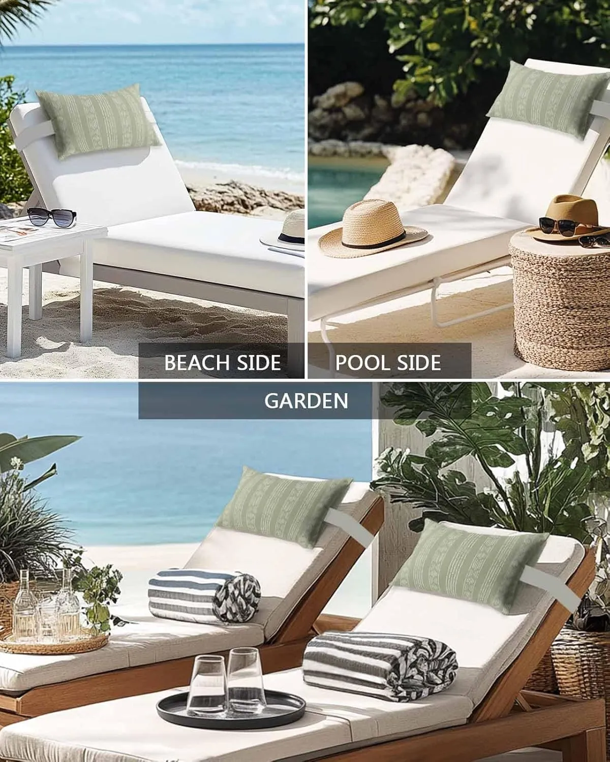 Sage Green Boho Outdoor Waterproof Throw Pillow Cover 11x16 with Insert and Adjustable Elastic Stripe Set of 1, Neutral Farmhouse Geometric Striped Patio Tent Garden Balcony Sofa Pillow Case Protector