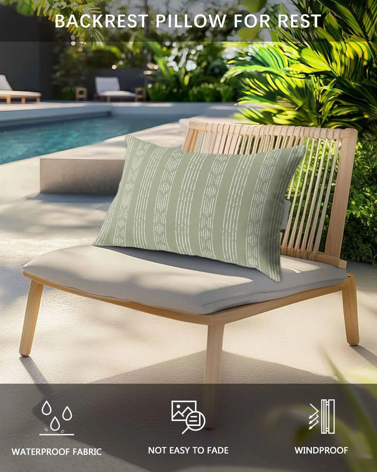 Sage Green Boho Outdoor Waterproof Throw Pillow Cover 11x16 with Insert and Adjustable Elastic Stripe Set of 1, Neutral Farmhouse Geometric Striped Patio Tent Garden Balcony Sofa Pillow Case Protector