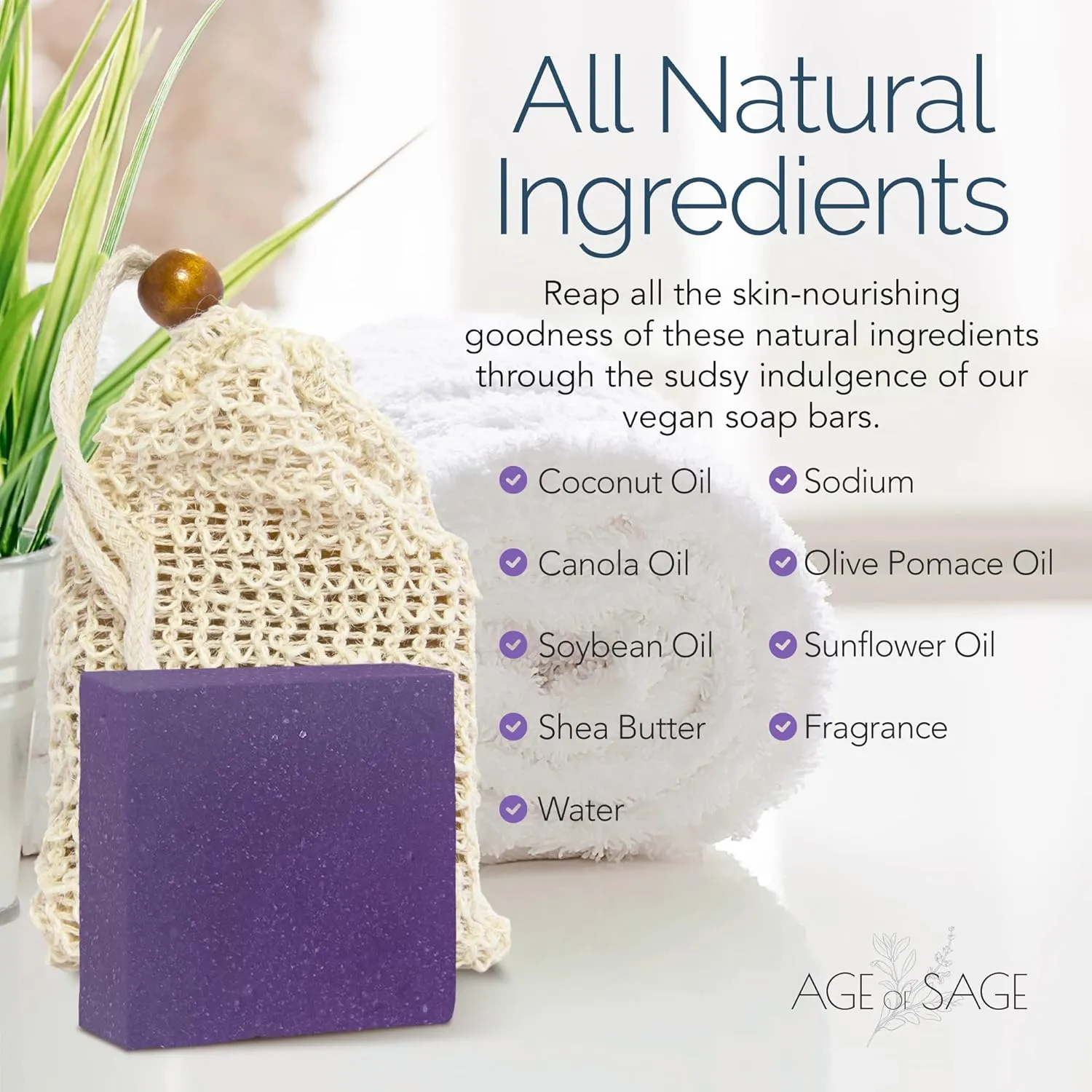 self-tanners Natural Soap Bar w/Sisal Bag, Vegan Artisan Soap Bar Set for Men & Women, Body Soap in Bar Soap Pouch, Natural Bath Soaps w/Essential Oils, 4 Plain Body Soap Bars, Oakmoss Lavender
