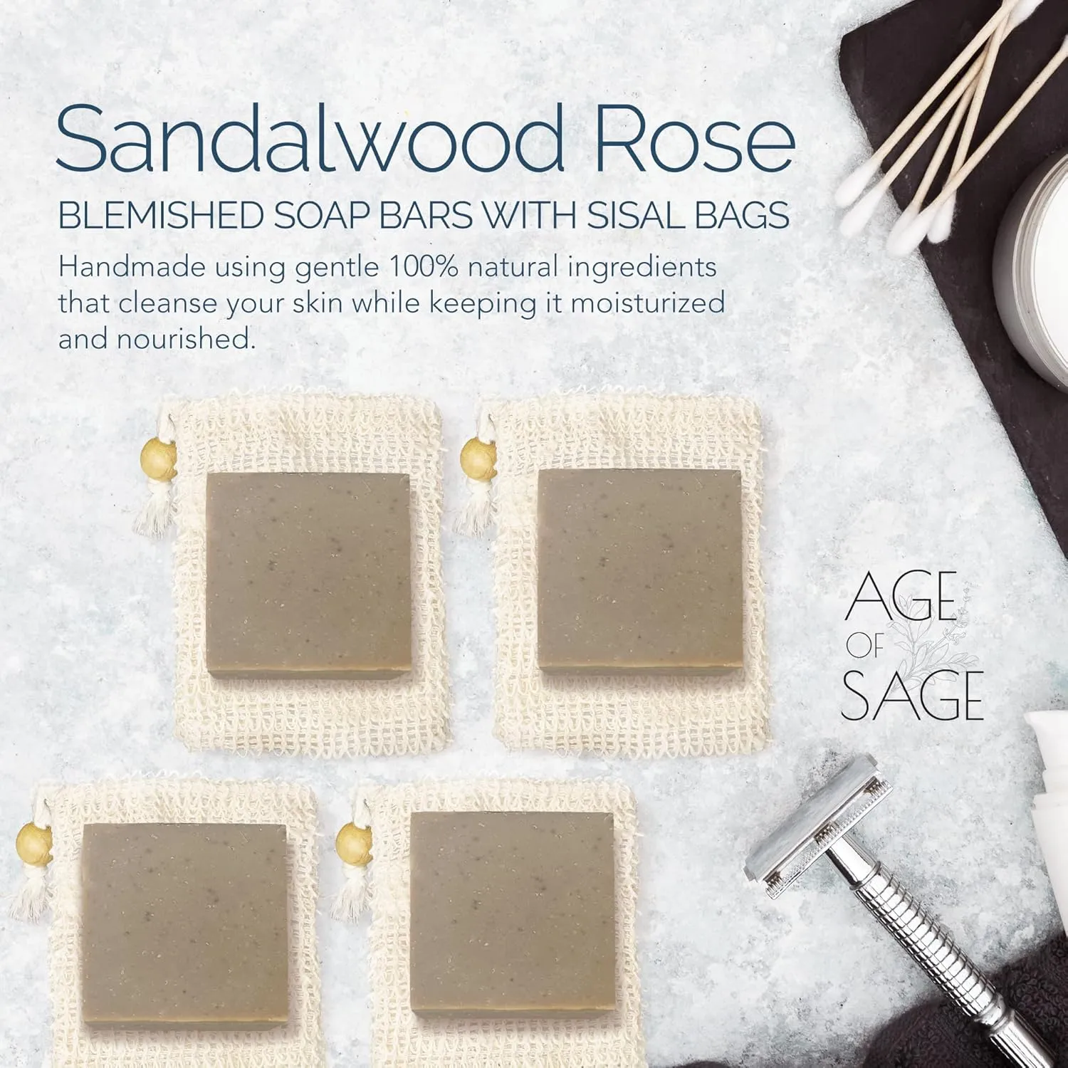 self-tanners Natural Soap Bar w/Sisal Bag, Vegan Artisan Soap Bar Set for Men, Body Soap in Bar Soap Pouch, Natural Bath Soaps w/Essential Oils, 4 Plain Body Soap Bars, Sandalwood Rose