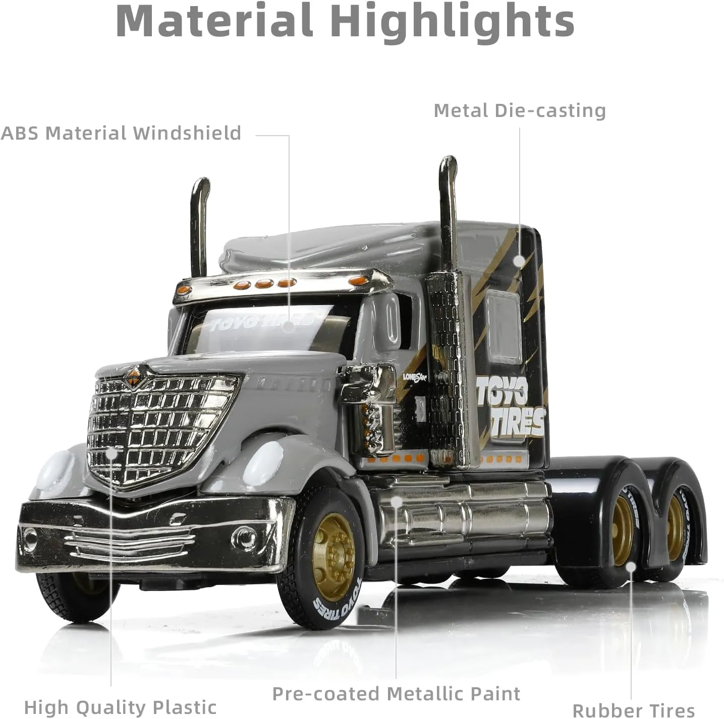 Semi Truck Toy, 1/64 Scale Alloy Metal Diecast Heavy Semi Truck Trailer Head Toy Model, International Lonestar Diecast Tow Traktor Toy Gift for Boy Adult Model Car Collector -Grey