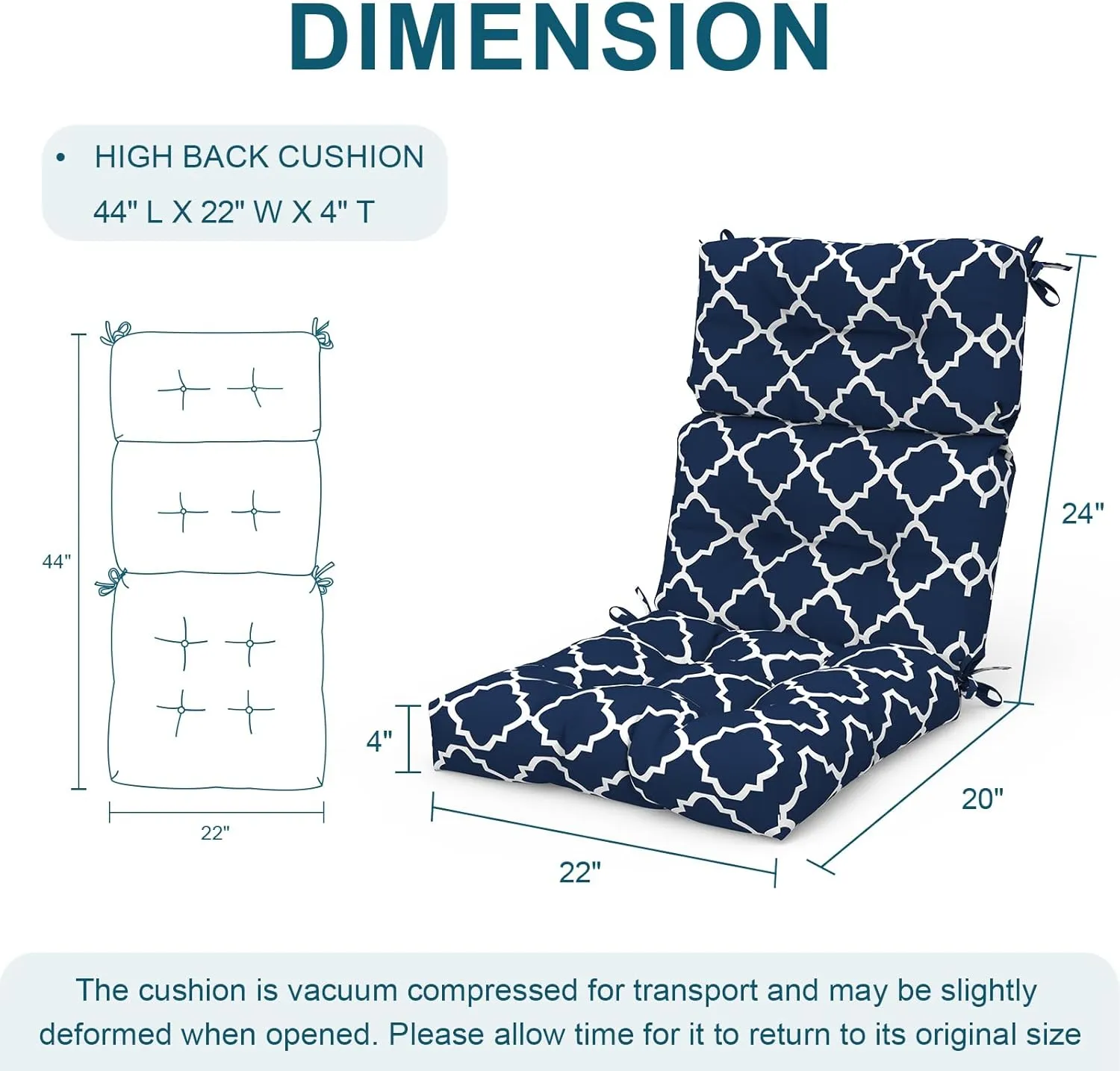 Set of 2 Outdoor High Back Chair Cushions 44"x 22",Water Repellent Rocking Seat Cushions Replacement, Seat/Back Chair Cushions for Patio,Porch,Balcony and Indoor - Ceometry Navy