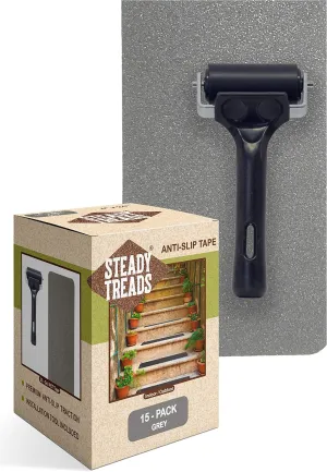 Set of PVC-Free, Non-Slip Adhesive Stair Treads and Handy Installation Roller (15qty - 4" X 24"   Roller, Grey)
