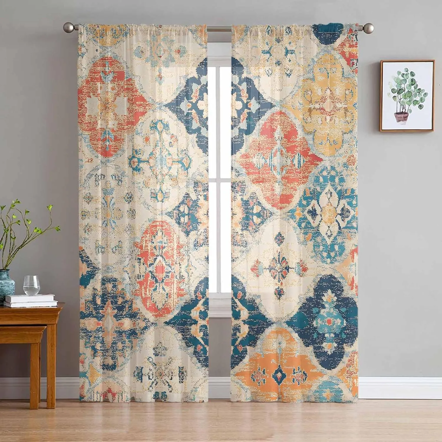 Sheer Curtains 72 Inches Long 2 Panels Set for Bedroom, Retro Morocco Semi Sheer Curtains for Windows, Colorful Rustic Abstract Shabby Texture Voile Window Treatments Rod Pocket Curtain