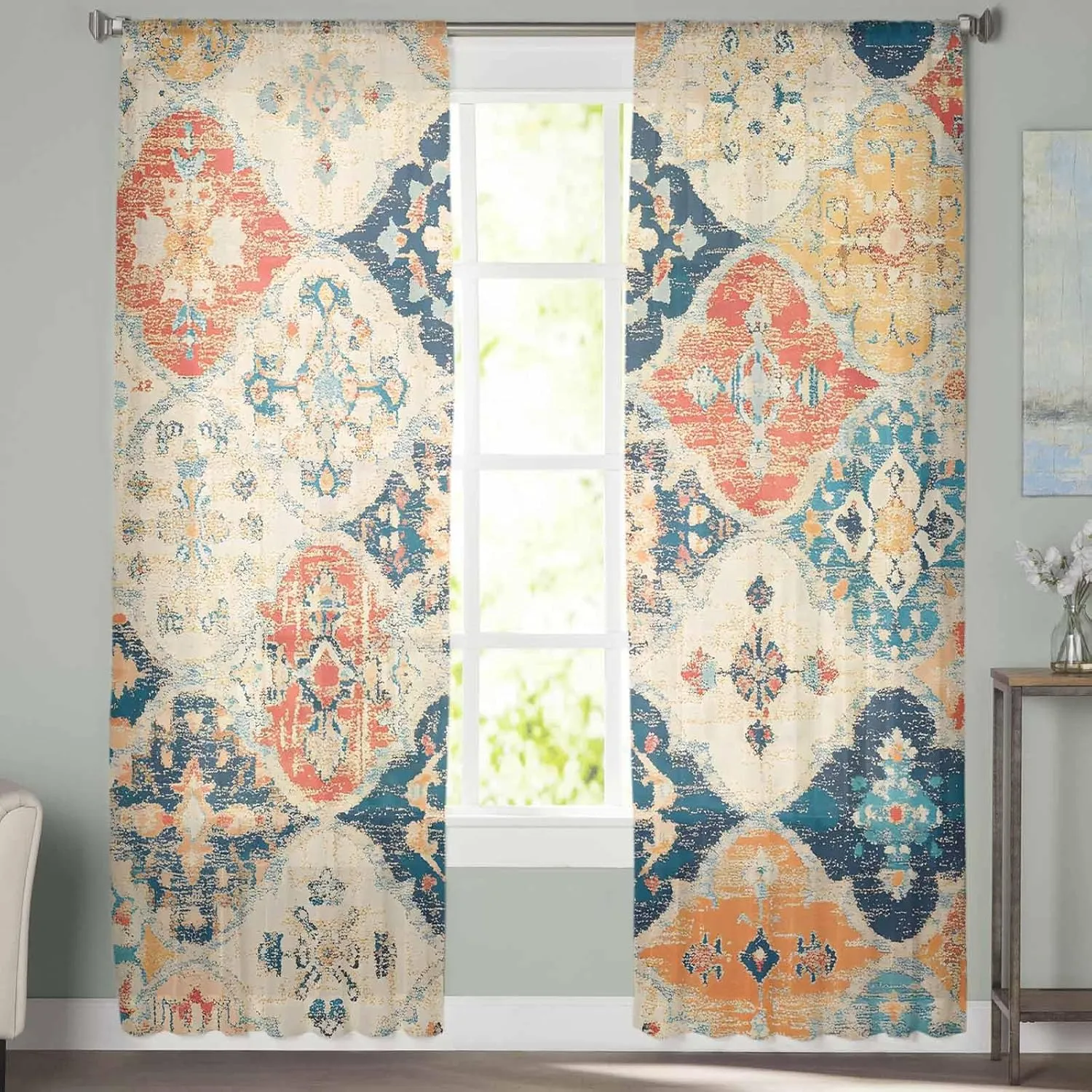 Sheer Curtains 72 Inches Long 2 Panels Set for Bedroom, Retro Morocco Semi Sheer Curtains for Windows, Colorful Rustic Abstract Shabby Texture Voile Window Treatments Rod Pocket Curtain