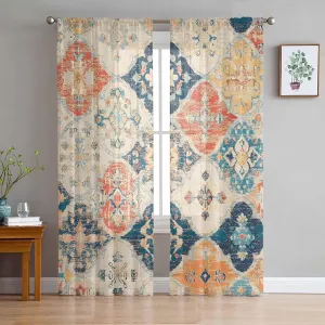 Sheer Curtains 72 Inches Long 2 Panels Set for Bedroom, Retro Morocco Semi Sheer Curtains for Windows, Colorful Rustic Abstract Shabby Texture Voile Window Treatments Rod Pocket Curtain