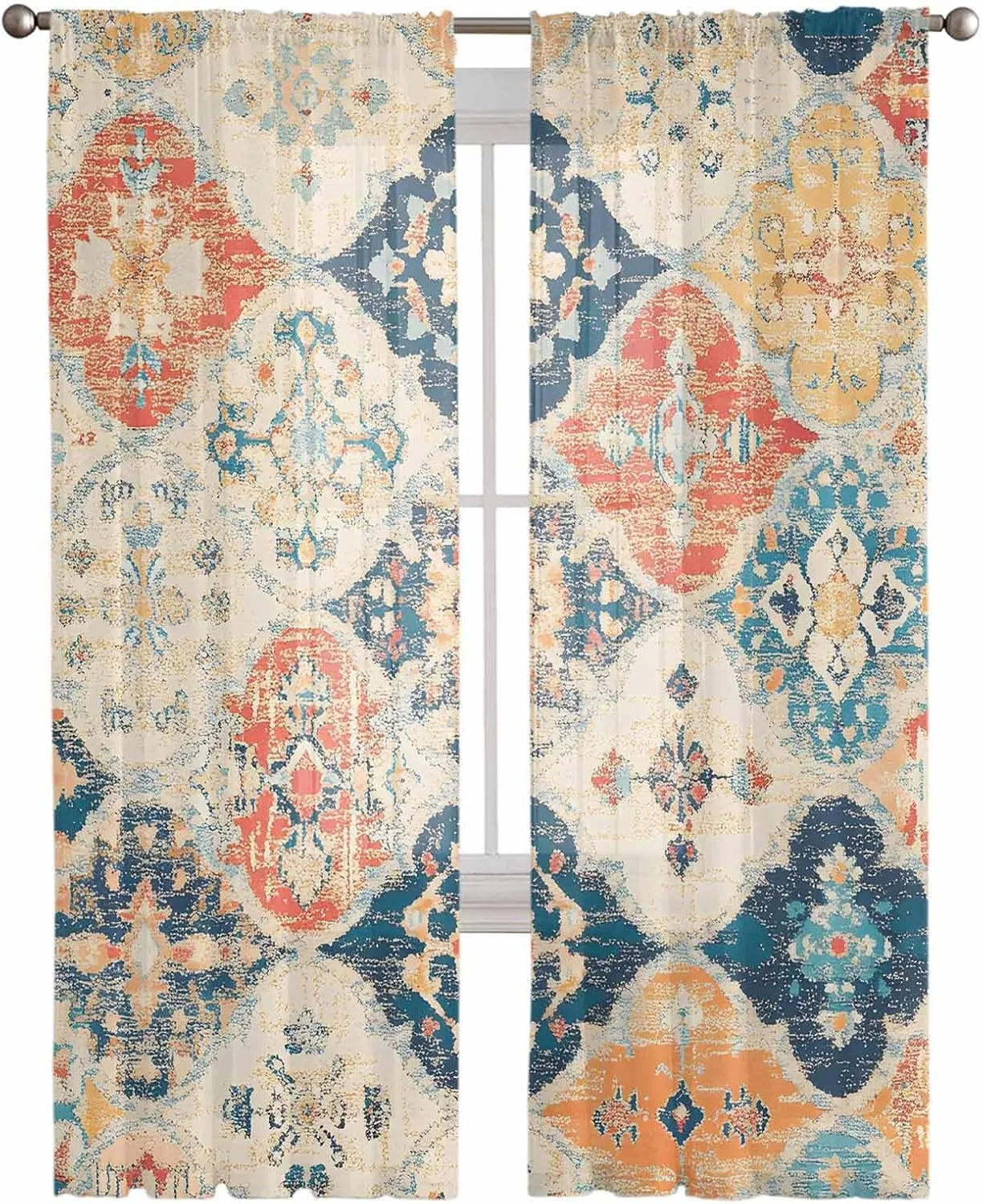 Sheer Curtains 72 Inches Long 2 Panels Set for Bedroom, Retro Morocco Semi Sheer Curtains for Windows, Colorful Rustic Abstract Shabby Texture Voile Window Treatments Rod Pocket Curtain