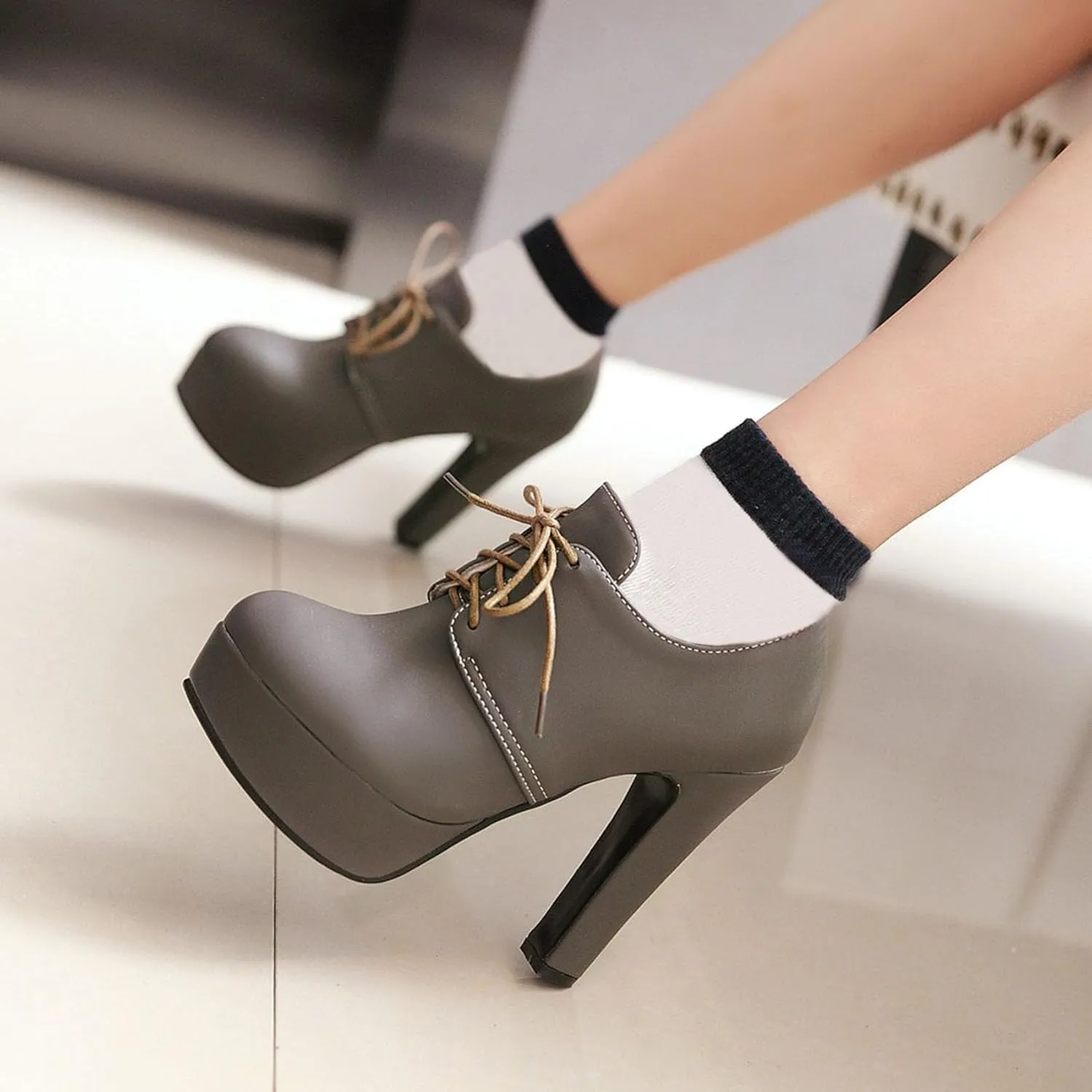 SHEMEE Womens Block Heel Platform Lace Up Pumps Oxford High Heels Ankle Booties Brogue Wingtip Vintage Dress Shoes