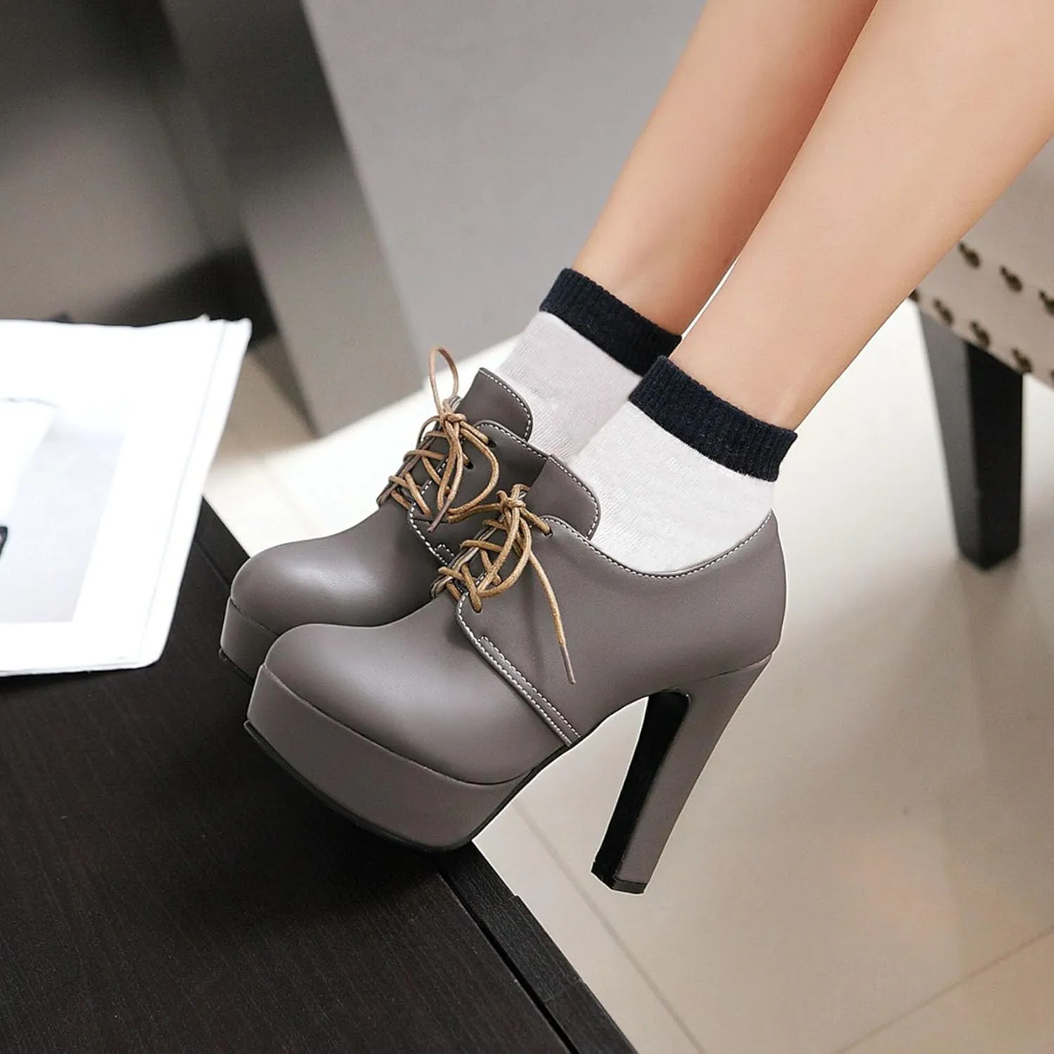 SHEMEE Womens Block Heel Platform Lace Up Pumps Oxford High Heels Ankle Booties Brogue Wingtip Vintage Dress Shoes