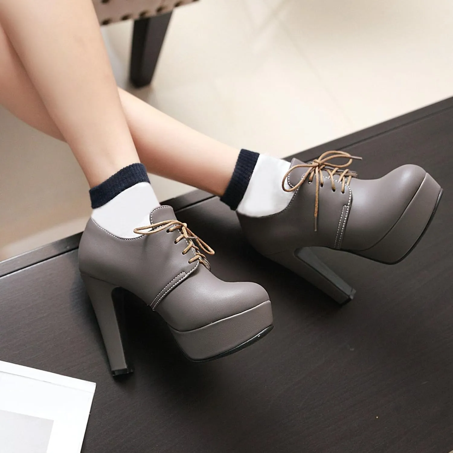 SHEMEE Womens Block Heel Platform Lace Up Pumps Oxford High Heels Ankle Booties Brogue Wingtip Vintage Dress Shoes