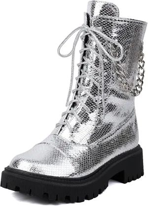 SHEMEE Women's Chunky Low Heels Ankle Boots Comfort Round Square Toe Lace Up Combat Boots Flats British Motorcycle Biker Boots
