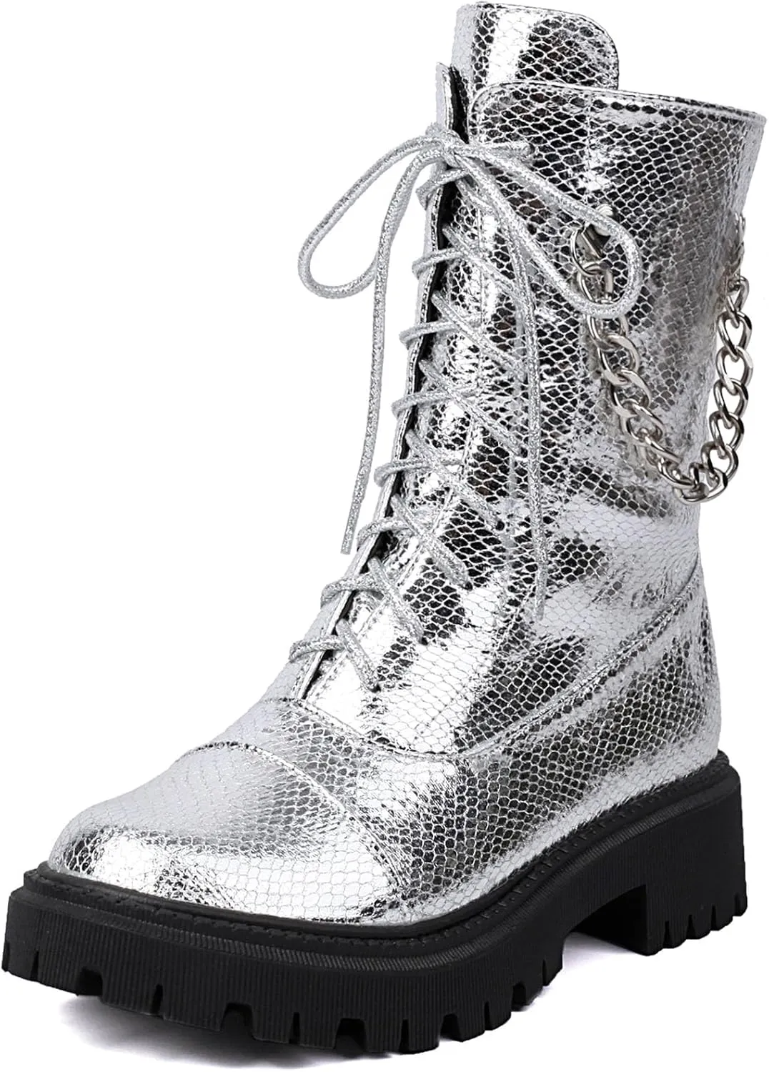 SHEMEE Women's Chunky Low Heels Ankle Boots Comfort Round Square Toe Lace Up Combat Boots Flats British Motorcycle Biker Boots